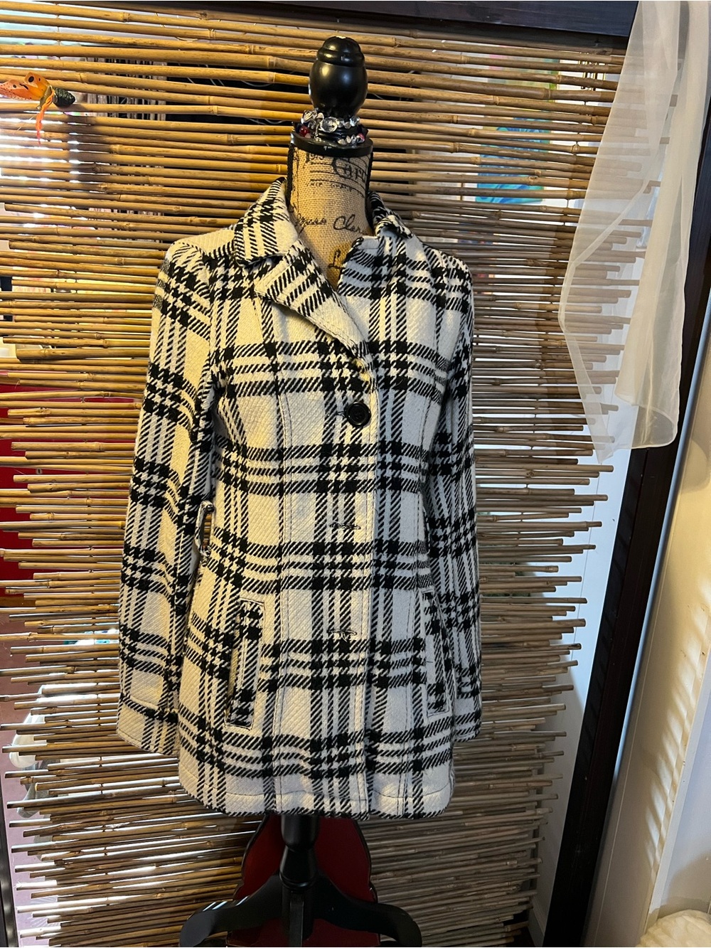Jou Jou Black and White Plaid Pea Coat